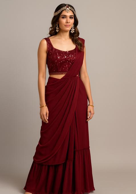 Maroon Embellished Blouse Georgette Fusion Set