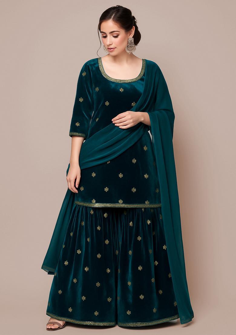 Blue Embroidered Velvet Sharara Set - Indya