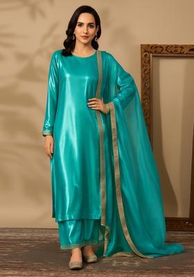 Turquoise Blue Solid Silk Blend Straight Kurta Set