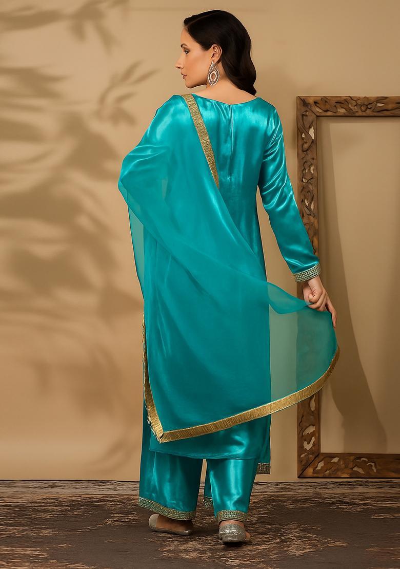 Turquoise Blue Solid Silk Blend Straight Kurta Set - Indya