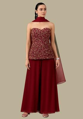 Maroon Embroidered Silk Blend Sharara Set