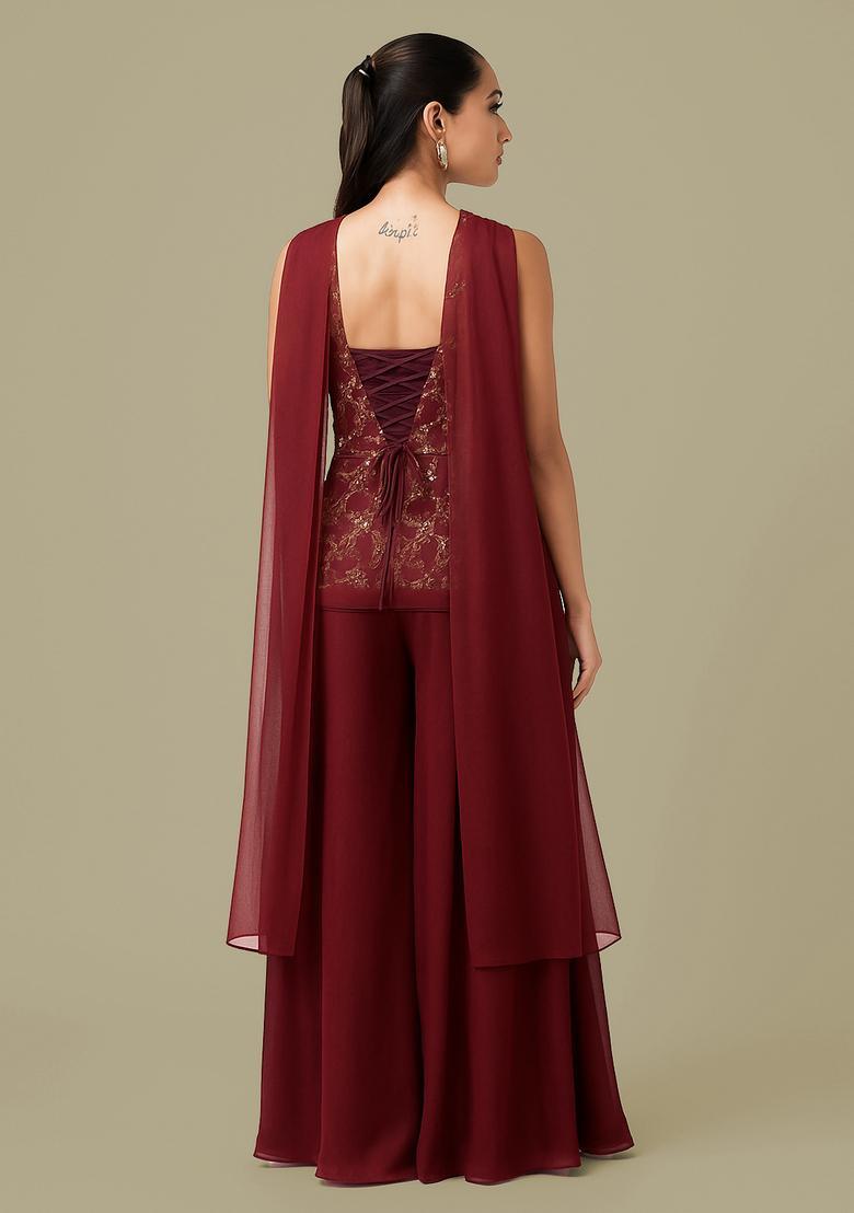 Maroon Embroidered Silk Blend Sharara Set - Indya