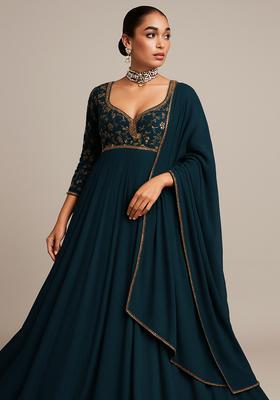Teal Blue Embroidered Chinon Anarkali Set
