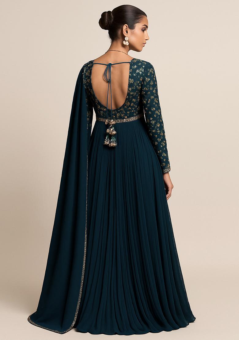 Teal Blue Embroidered Chinon Anarkali Set - Indya