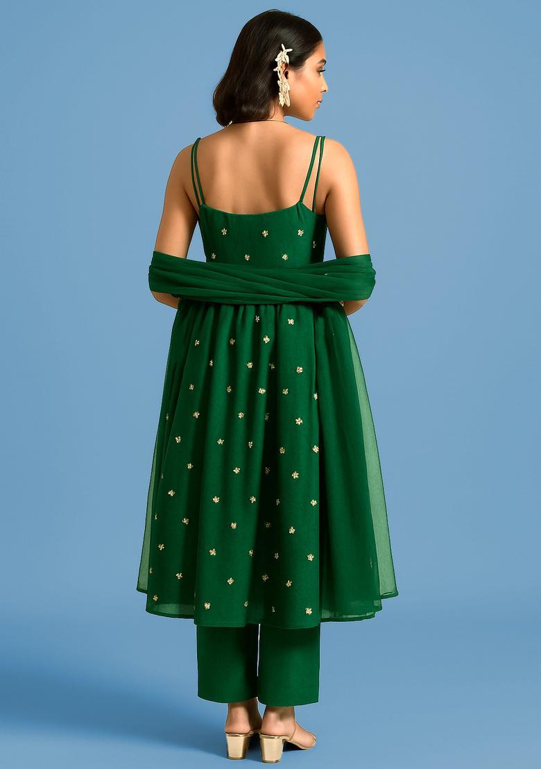 Dark Green Embroidered Chinon A Line Kurta Set - Indya
