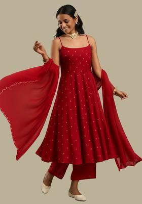 Red Embroidered Chinon Anarkali Set