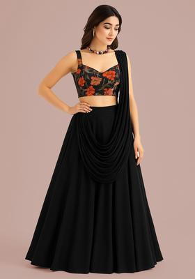 Black Printed Blouse Georgette Lehenga Set