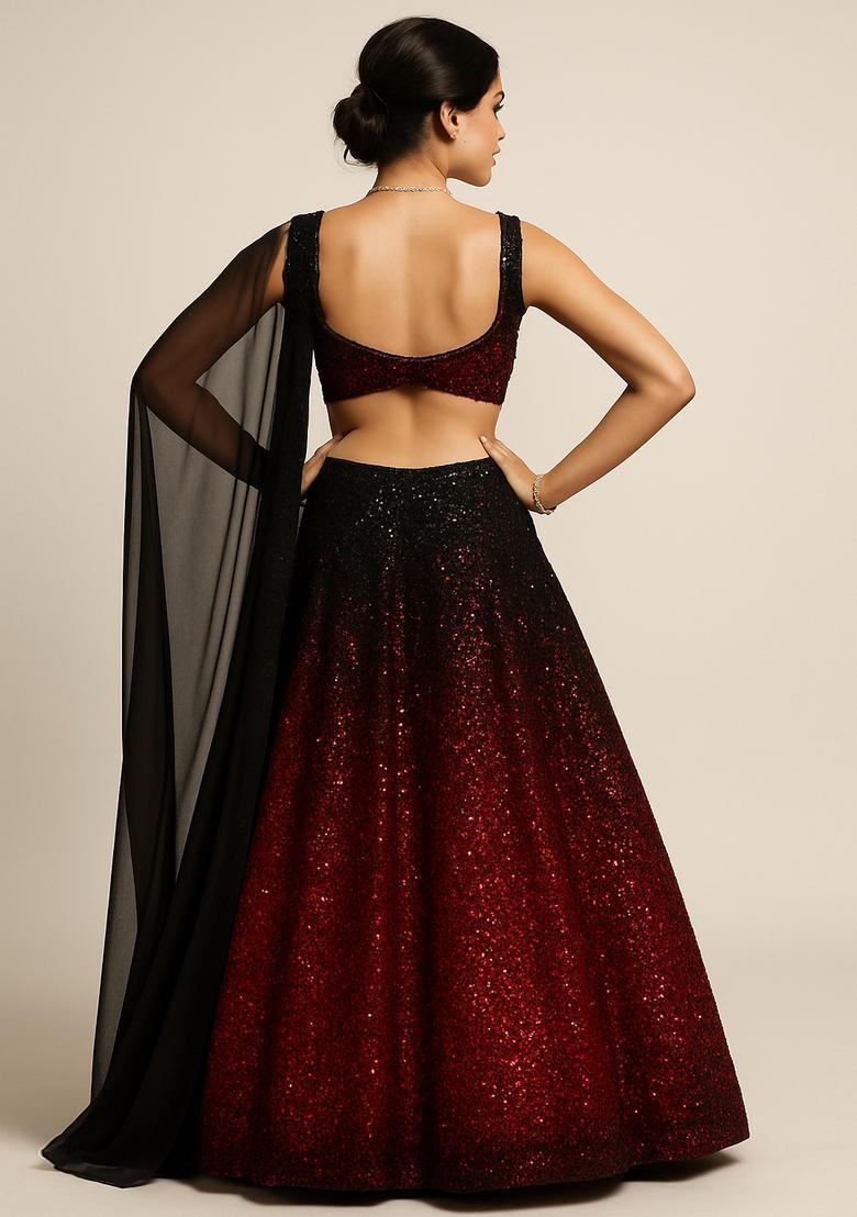 Red Sequin Net Lehenga Set - Indya