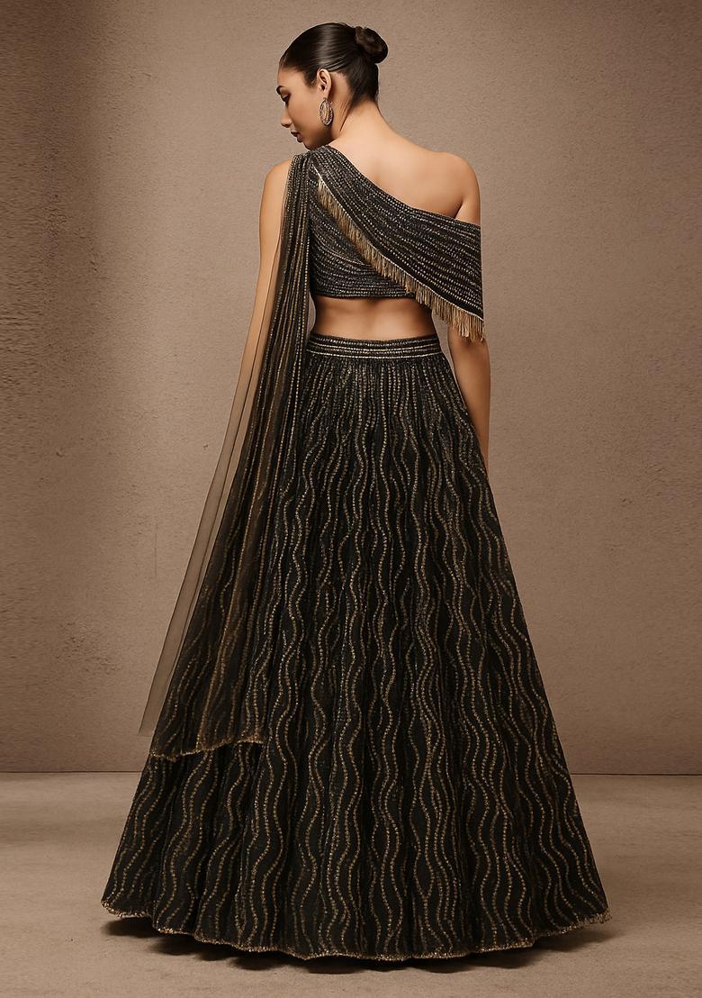 Black Sequin Embroidered Net Lehenga Set - Indya