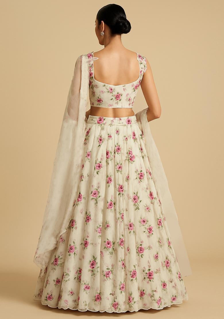 Off-White Embroidered Organza Lehenga Set - Indya