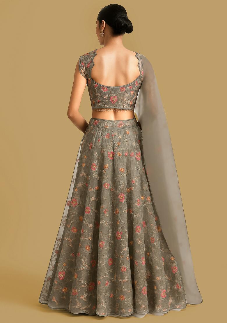 Grey Embroidered Organza Lehenga Set - Indya