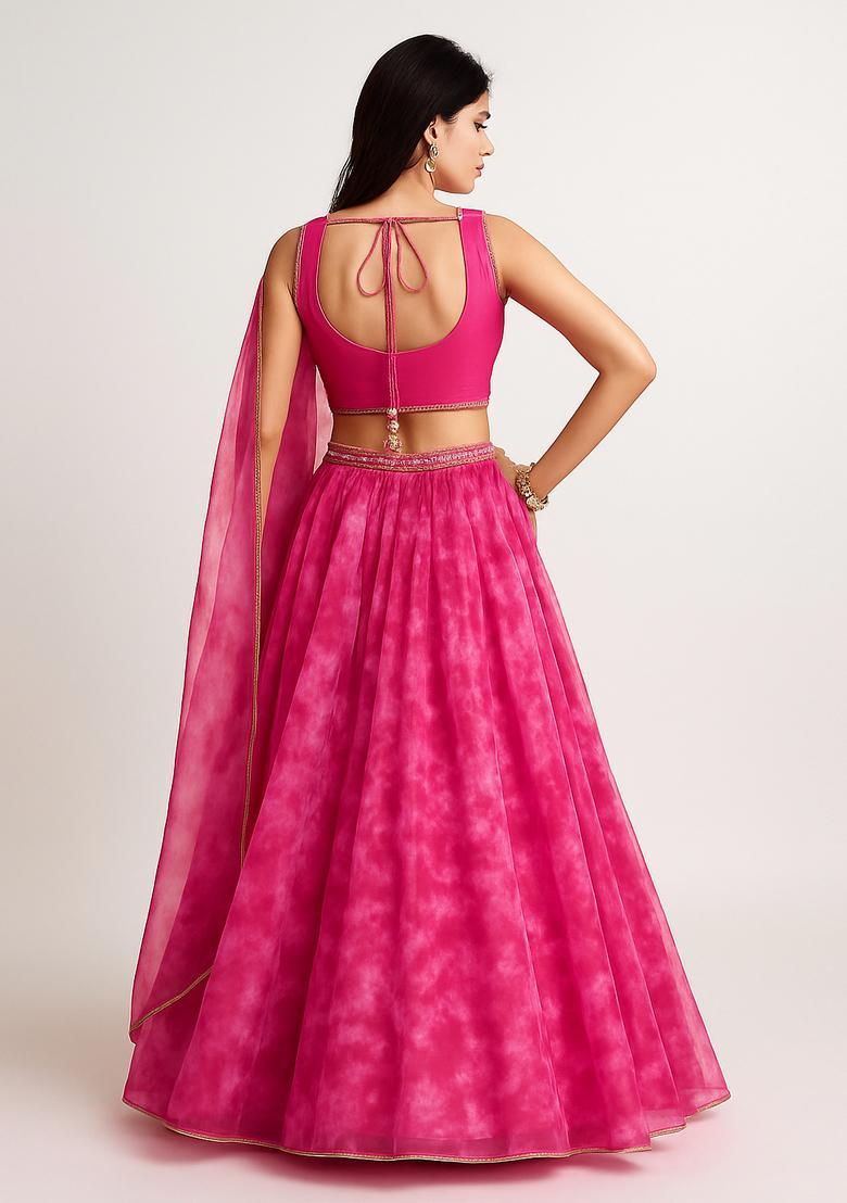 Pink Printed Organza Lehenga Set - Indya