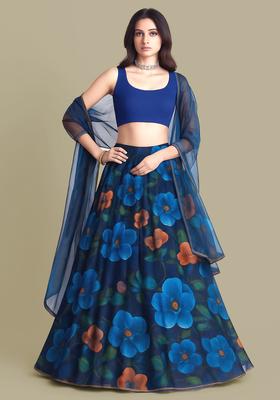 Dark Blue Printed Organza Lehenga Set