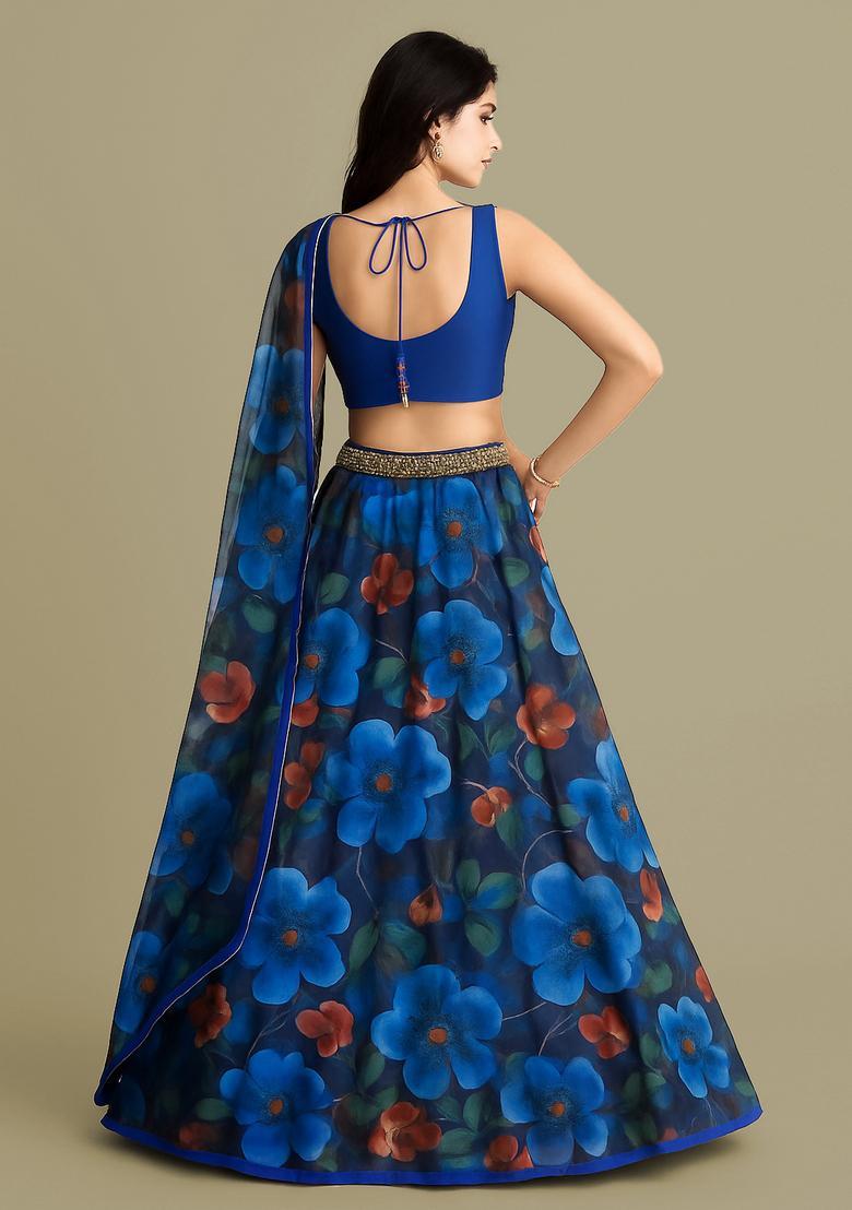 Dark Blue Printed Organza Lehenga Set - Indya
