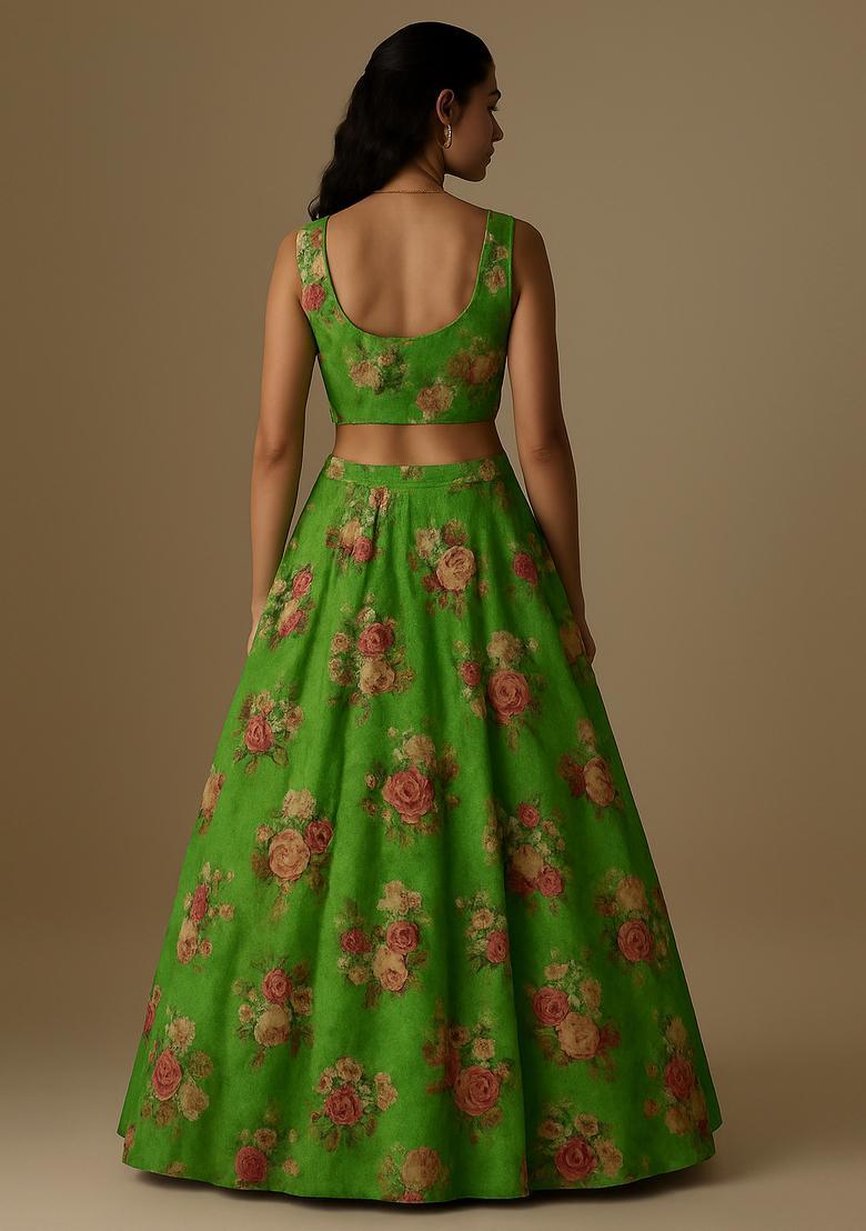 Parrot Green Weaving Organza Lehenga Set - Indya