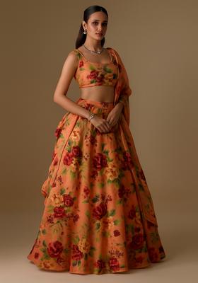 Peach Printed Organza Lehenga Set