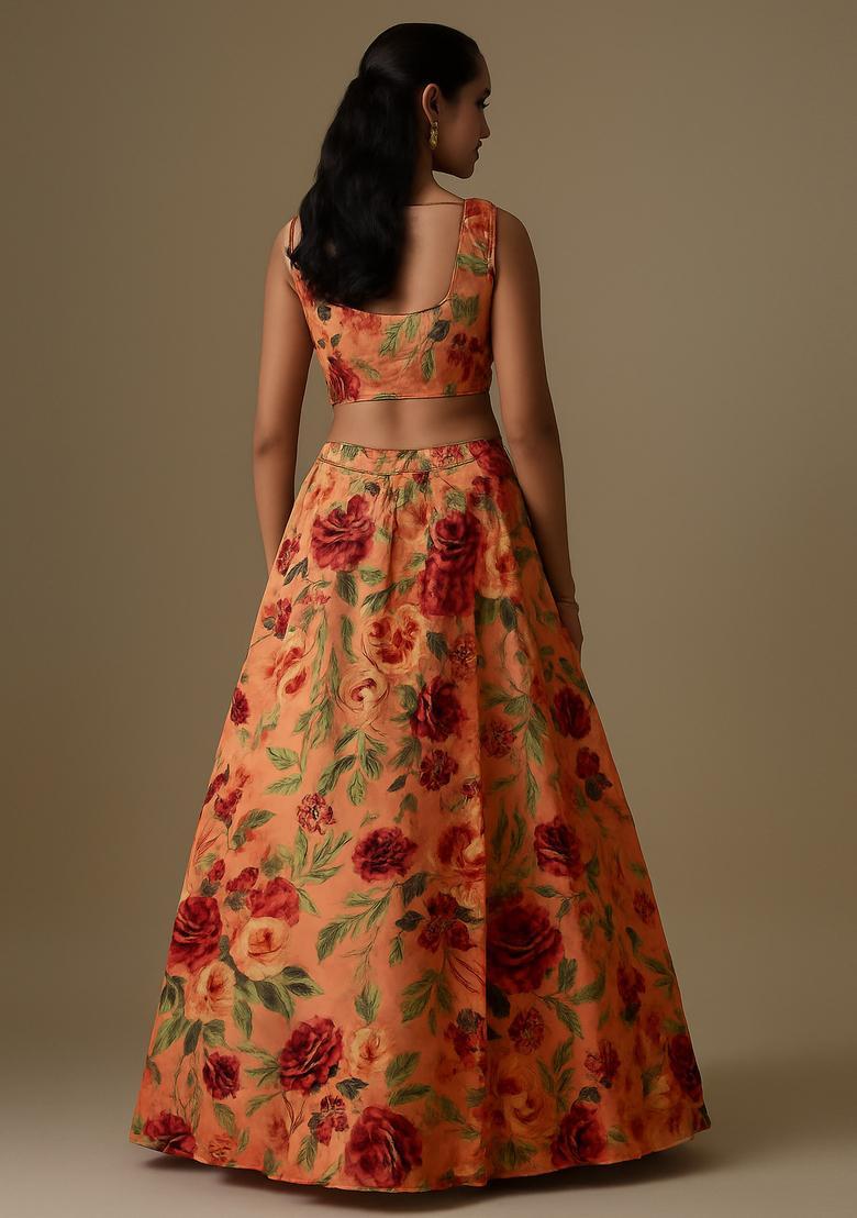 Peach Printed Organza Lehenga Set - Indya