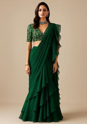 Green Sequin Embroidered Blouse Georgette Pre Draped Saree Set