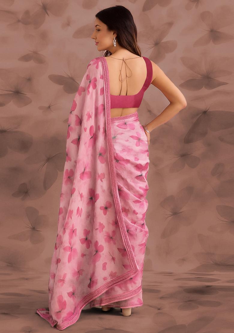 Pink Printed Crepe Pre Draped Saree Set - Indya