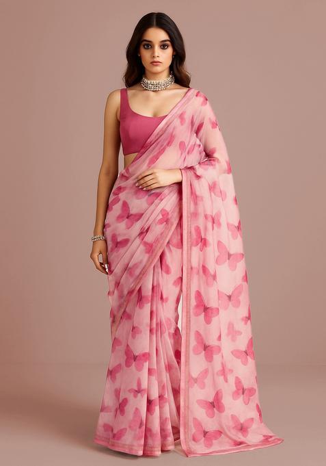 Pink Printed Crepe Pre Draped Saree Set