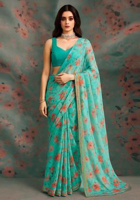 Sea Green Printed Crepe Pre Draped Saree Set