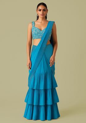 Sky Blue Embroidered Blouse Georgette Pre Draped Saree Set