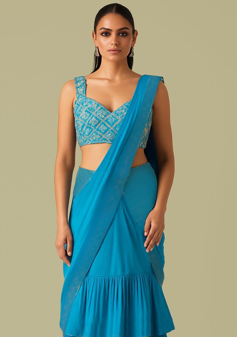 Sky Blue Embroidered Blouse Georgette Pre Draped Saree Set - Indya