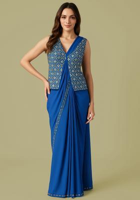 Sky Blue Embroidered Blouse Georgette Pre Draped Saree Set