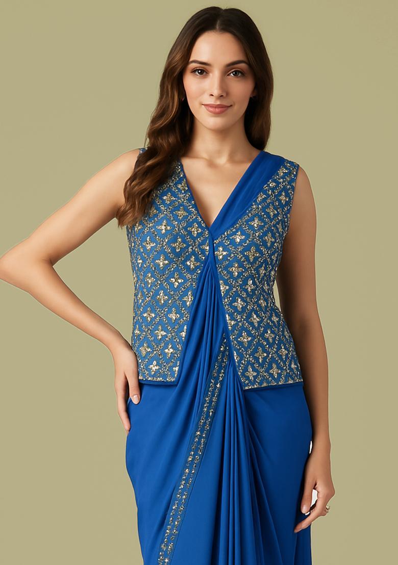 Sky Blue Embroidered Blouse Georgette Pre Draped Saree Set - Indya