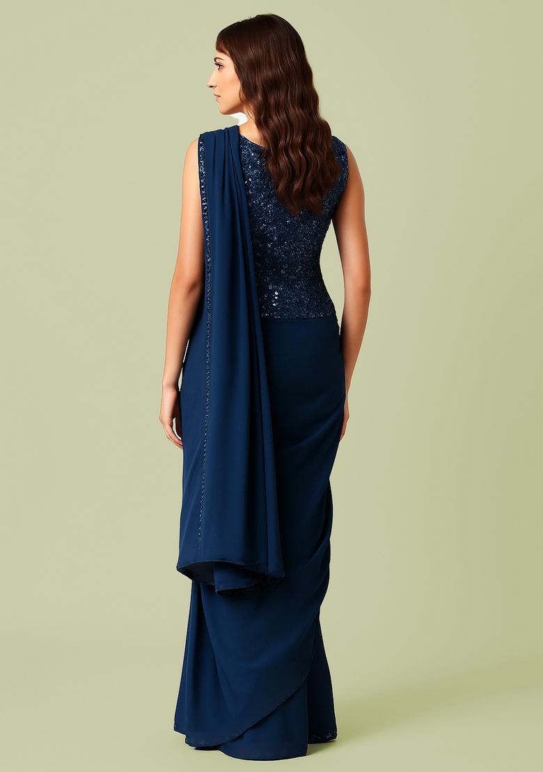 Dark Blue Sequin Blouse Georgette Pre Draped Saree Set - Indya