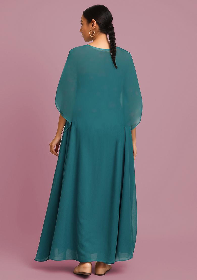 Sky Blue Embroidered Blouse Georgette Fusion Set - Indya