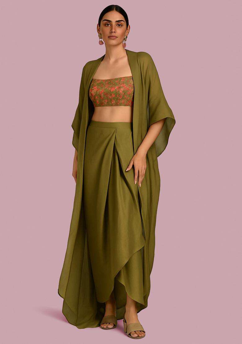 Olive Embroidered Blouse Georgette Fusion Set - Indya