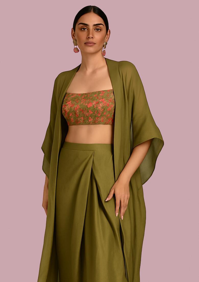 Olive Embroidered Blouse Georgette Fusion Set - Indya