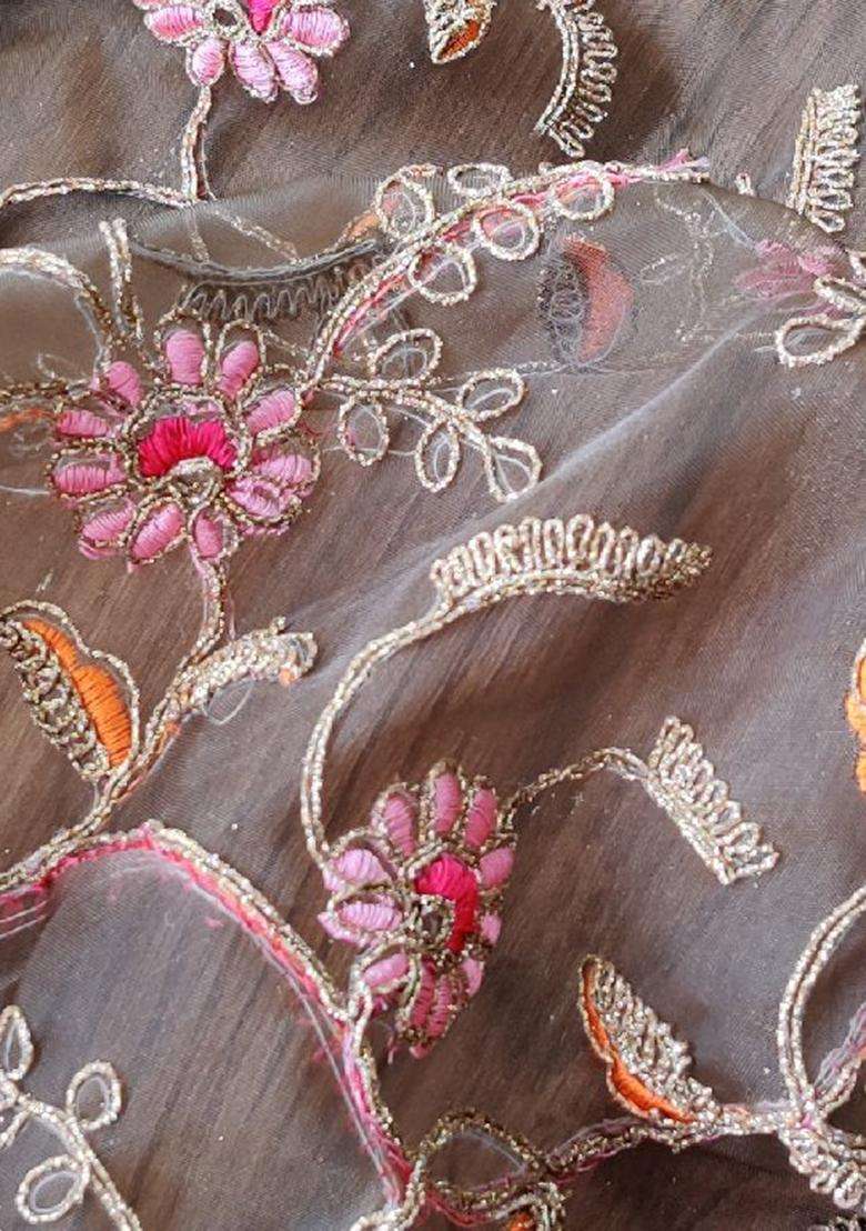 Olive Embroidered Blouse Georgette Fusion Set - Indya