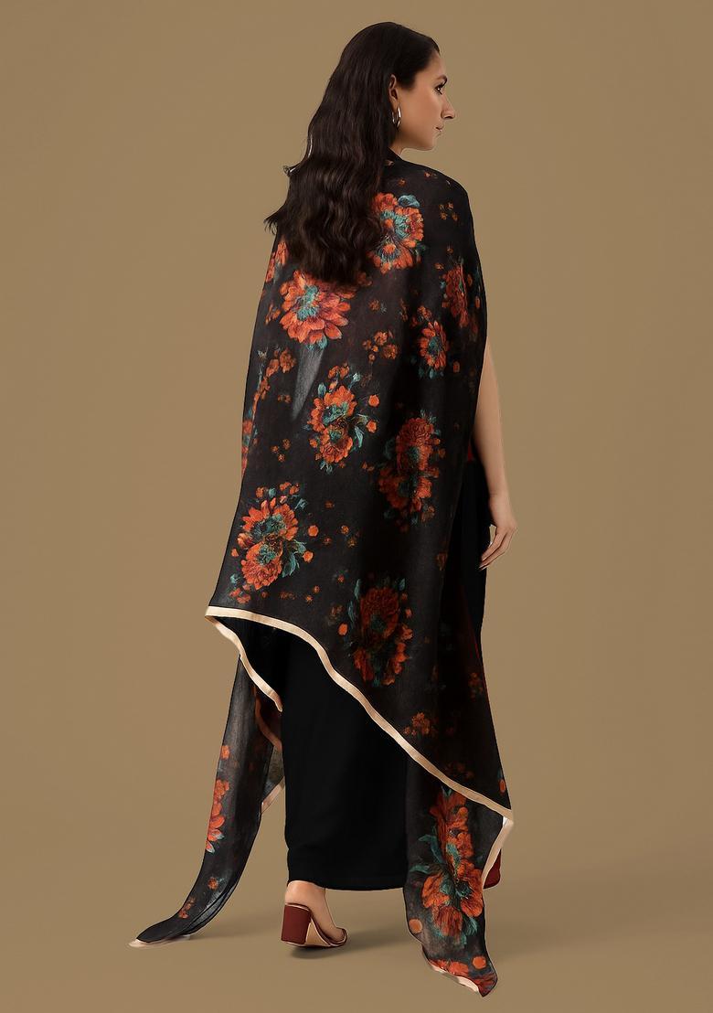 Black Printed Georgette Fusion Set - Indya