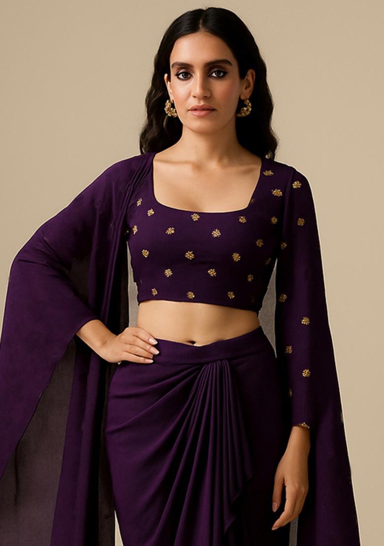 Purple Embroidered Blouse Georgette Fusion Set - Indya