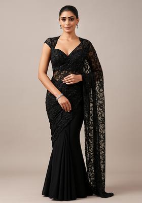 Black Sequin Embroidered Net Pre Draped Saree Set