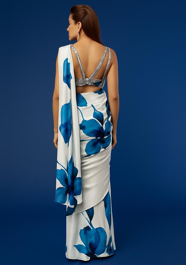 White Printed Georgette Pre Draped Saree Set - Indya