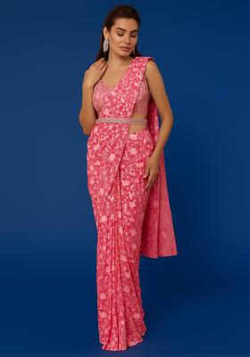 Pink Printed Georgette Pre Draped Saree Set
