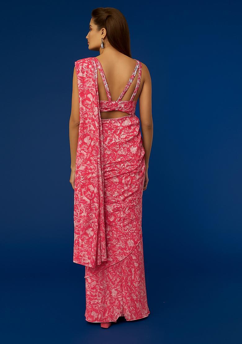 Pink Printed Georgette Pre Draped Saree Set - Indya