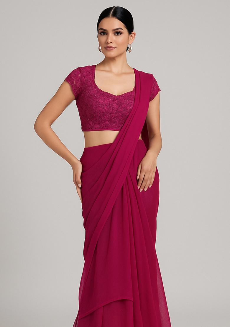 Maroon Sequin Embroidered Blouse Georgette Pre Draped Saree Set - Indya