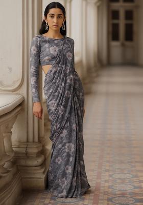 Charcol Grey Printed Georgette Pre Draped Saree Set