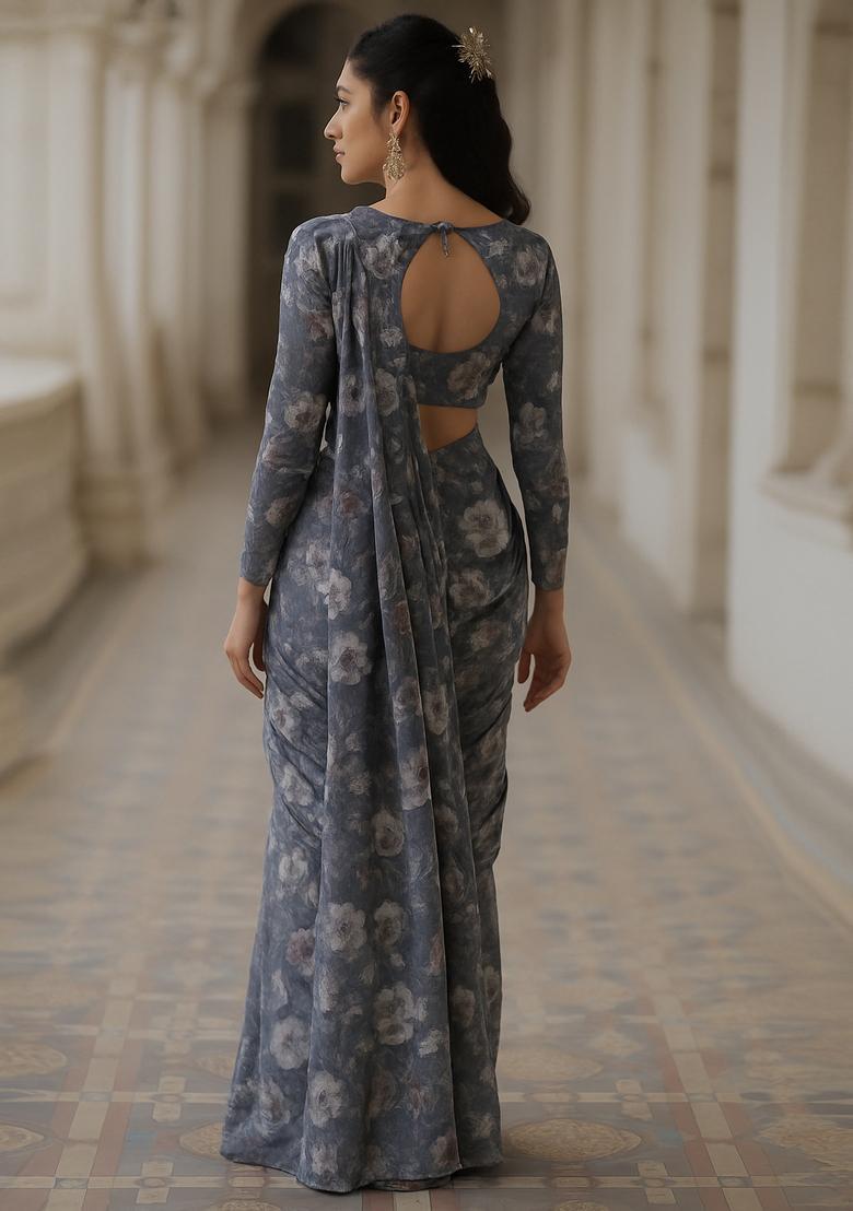 Charcol Grey Printed Georgette Pre Draped Saree Set - Indya