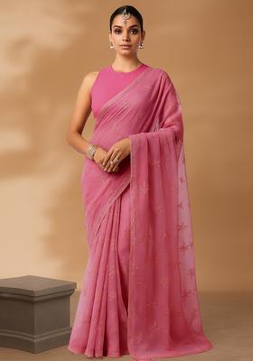 Pink Sequin Embroidered Organza Pre Draped Saree Set