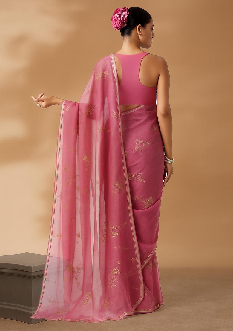 Pink Sequin Embroidered Organza Pre Draped Saree Set - Indya
