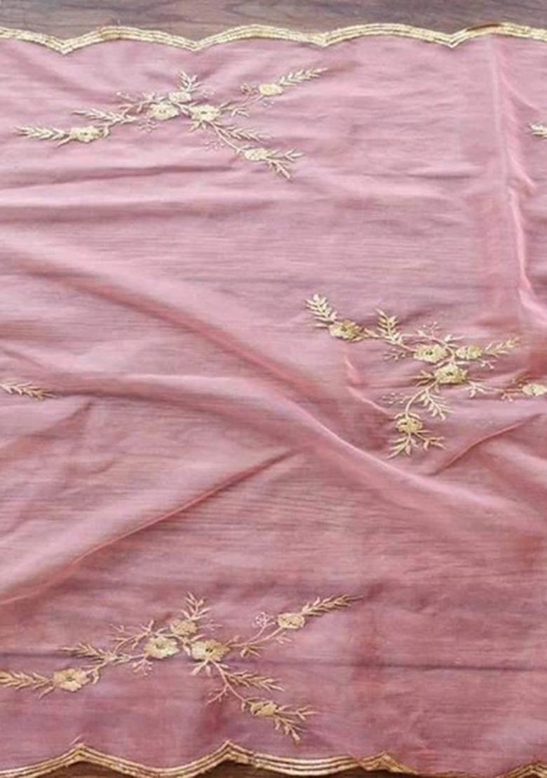 Pink Sequin Embroidered Organza Pre Draped Saree Set - Indya