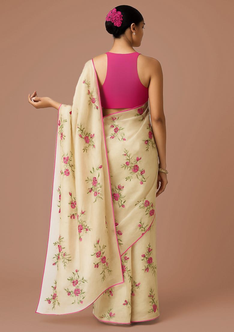 Off White Embroidered Organza Pre Draped Saree Set - Indya