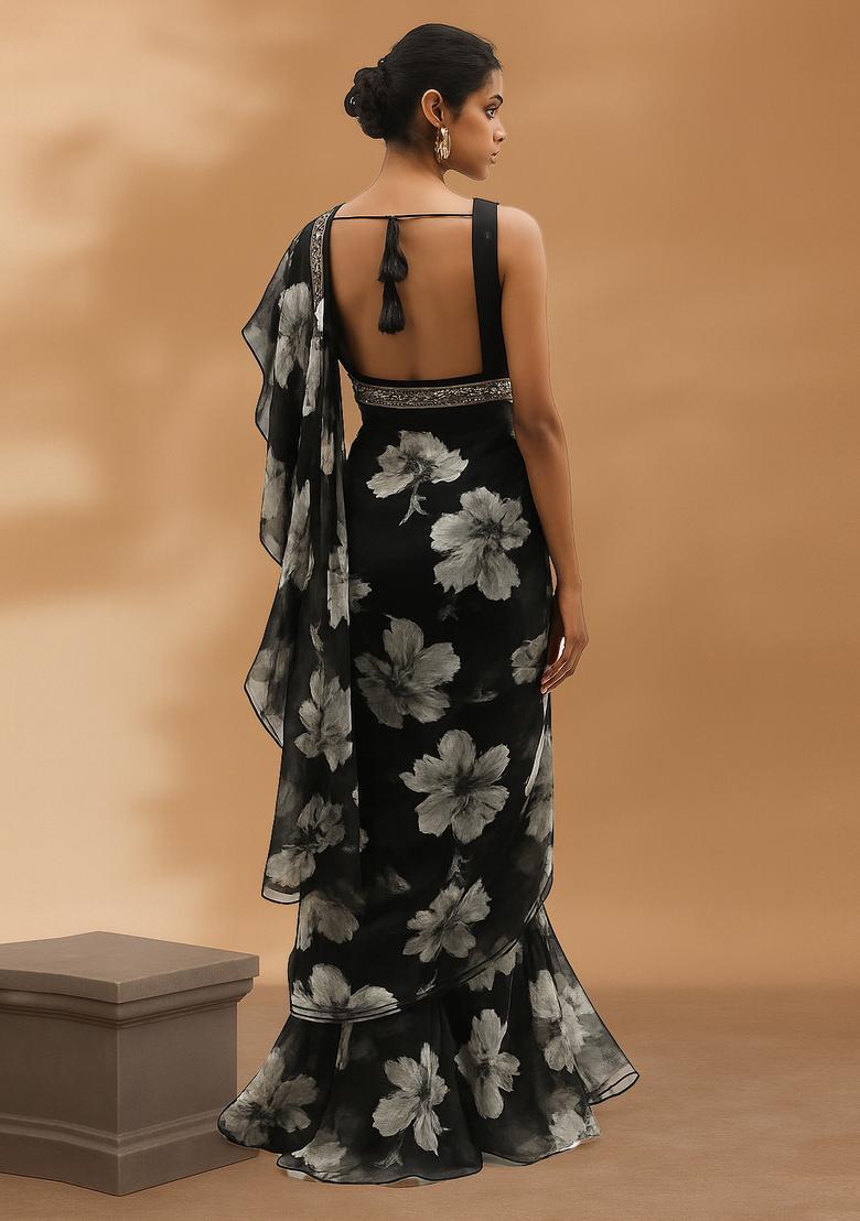 Black Printed Organza Pre Draped Saree Set - Indya