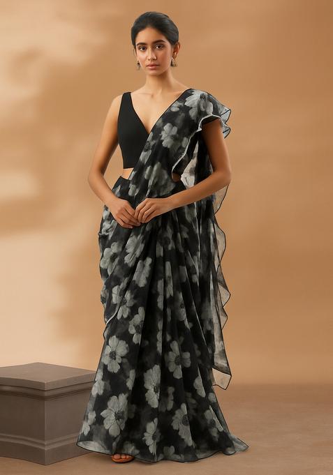 Black Printed Organza Pre Draped Saree Set