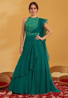 Teal Printed Blouse Georgette Pre Draped Saree Set